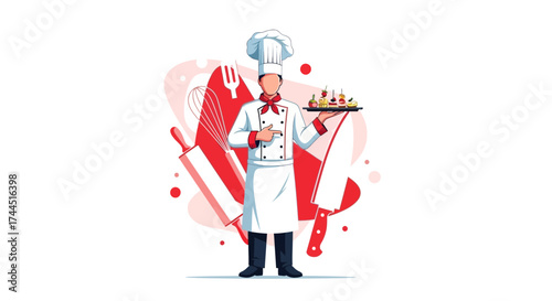 Chef Presenting Exquisite Appetizers Surrounded By Culinary Tools In A Stylish Illustration