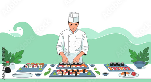 Chef Preparing Exquisite Sushi in a Restaurant Setting with Fresh Ingredients Food Display