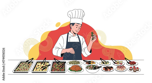 Chef Preparing Food Buffet Culinary Perfection with Elegancy and Detailed Presentation Style