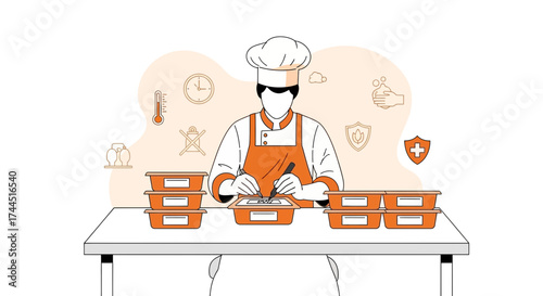 Chef Preparing Food Containers, Emphasis On Sanitation and Food Safety for Delivery