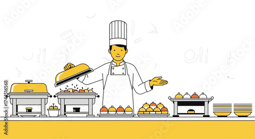 Chef Presenting Gourmet Dishes at a Buffet, Serving Exquisite Culinary Delights