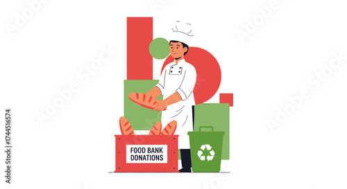 Chef Preparing Food Donations for Food Bank Charity With Charitable Recycle Bin