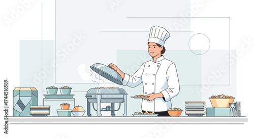 Chef Preparing Food for a Catering Event Serving Dishes from a Buffet Table
