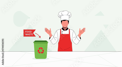 Chef Presenting Green Recycling Bin For Food Waste To Promote Environmental Awareness