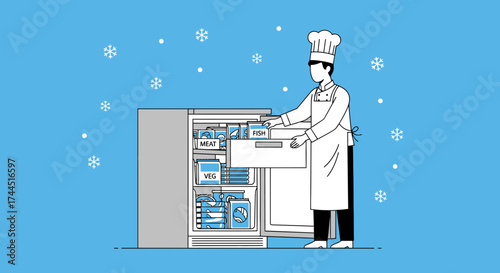Chef preparing food from a freezer in a cold winter to prepare a meal or cooking