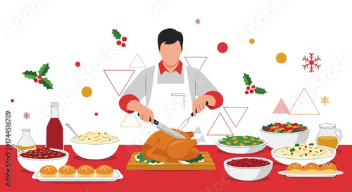 Chef Presenting Roasted Turkey Dinner, Festive Holiday Feast, Preparing Food with a Knife