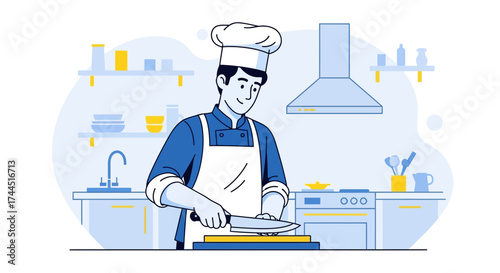Chef Preparing Food with a Knife in a Well-Equipped, Modern Kitchen Illustration