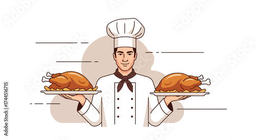 Chef Presenting Roasted Turkey Dishes, Vector Illustration for Culinary and Food Concepts