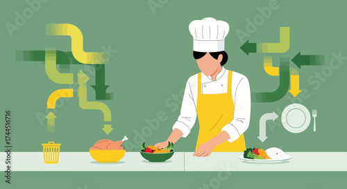 Chef Preparing Food with Flowchart Demonstrating Cooking Process and Waste Management