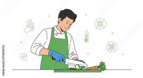 Chef preparing food with hygiene measures and vegetables illustration vector design