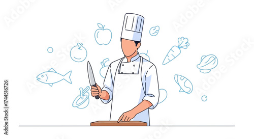 Chef Preparing Food With Knife On Wooden Cutting Board With Fresh ingredients