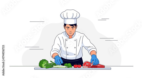 Chef Preparing Food, Cooking with Vegetables and Meats, Culinary Arts Illustration