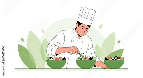 Chef Preparing Fresh And Colorful Salad Bowls For Healthy And Delicious Meals