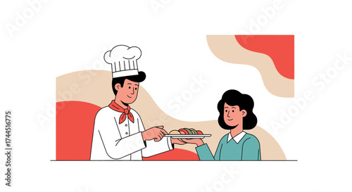 Chef Presents Culinary Creations To Customer In A Stylish And Modern Illustration