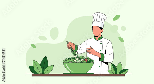 Chef Preparing Fresh Salad in a Green Bowl with Decorative Leaves and Modern Illustration