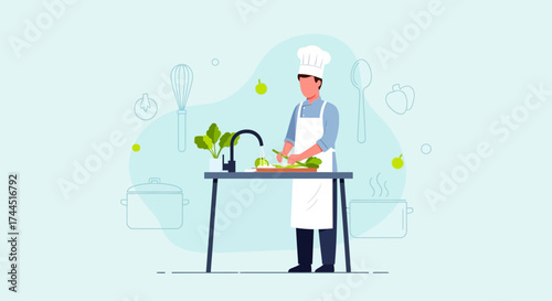 Chef Preparing Fresh Ingredients with Artistic Kitchen Illustration and Minimalist Design