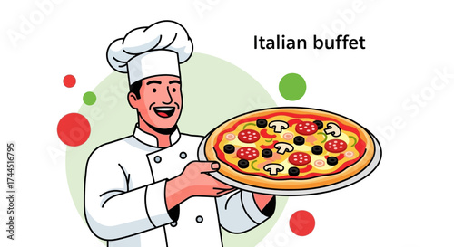 Chef Presents Delicious Italian Pizza Perfect For A Buffet Or Restaurant Promotion