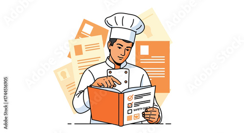 Chef Reviewing Safety Protocols and Documentation for Kitchen Operations Optimization