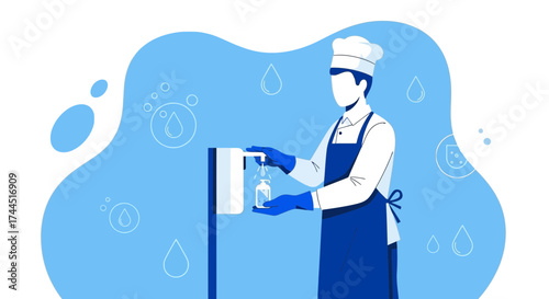Chef Sanitizing Dispenser Illustration Promoting Hygiene and Restaurant Safety Practices