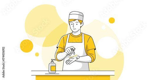 Chef Sanitizing Hands With Cleanser Before Starting Food Preparation for Hygiene