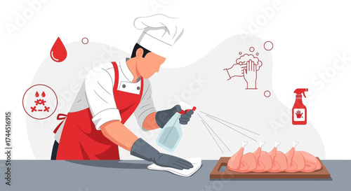 Chef sanitizing fresh food items to ensure hygiene and safety in the kitchen