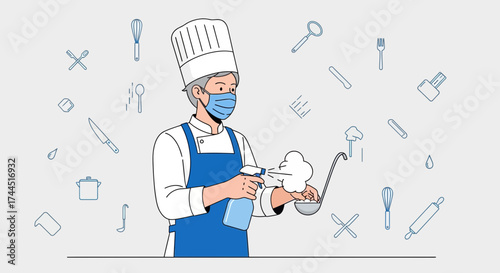 Chef Sanitizing Utensils While Wearing Mask in Kitchen During Pandemic Era