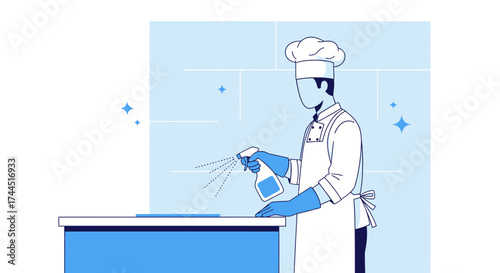 Chef Sanitizing Surface In Kitchen For Hygiene, Food Safety And Restaurant Cleanliness