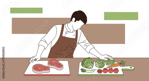 Chef Selecting Fresh Produce And Prime Cut Steaks In A Simplified Kitchen Setting