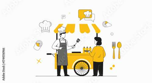 Chef Serving Customer at Street Food Cart Illustration with Yellow and Black Accents