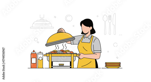 Chef Serving Delicious Food From A Professional Catering Buffet Station Illustration