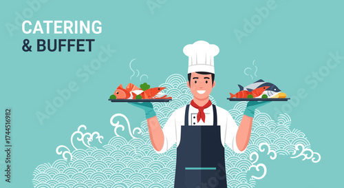 Chef Serving Delicious Seafood Dish Presents Catering and Buffet Service With Enthusiasm