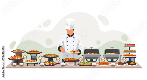 Chef Serving Food at a Buffet in a Restaurant, Catering Service Illustration