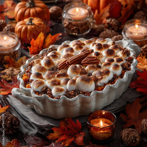 sweet potato casserole with marshmallows on a fall themed table