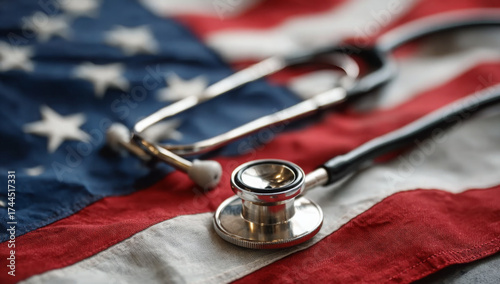 Stethoscope on an American flag healthcare in the United States concept for medical insurance and reform