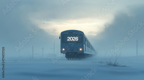 A glowing train marked “2026” rushes through snowy mist — symbol of the approaching New Year, fresh beginnings, hope, and the journey into the future