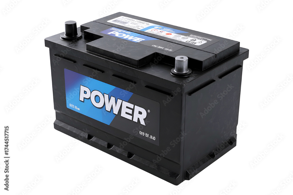 Fototapeta premium Black automotive car battery with blue power label isolated on transparent background
