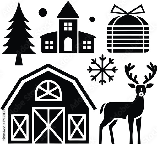 The simple vector silhouette of a farm house and barn with a horse is an illustration of rural architecture and landscape
