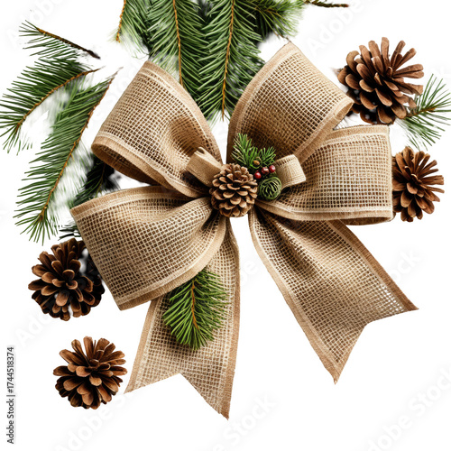 Rustic Christmas bow with pinecones, fir branches, festive decor