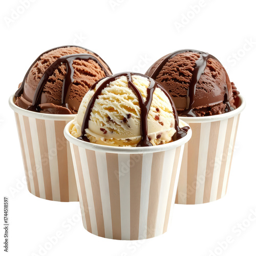 Three scoops of ice cream, chocolate & vanilla, in striped cups with chocolate drizzle