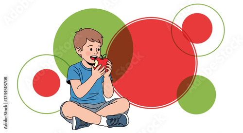 Child Enjoys Eating Crispy Red Apple While Seated Against Colorful Graphic Element