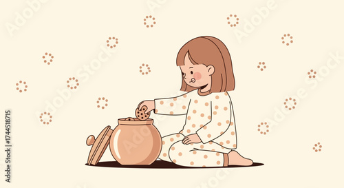 Child Enjoys Sweet Cookie Treat, Illustrated Scene Of Delight In Pajamas And Jar