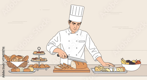Chef Slicing Freshly Baked Bread and Preparing a Delightful Food Arrangement