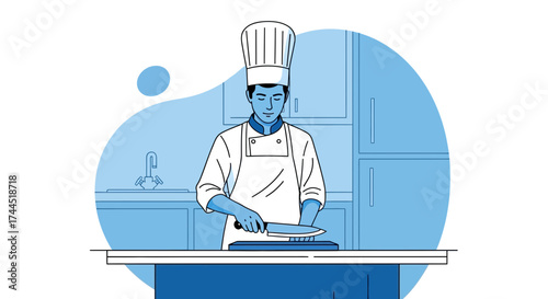 Chef Slicing Ingredients In Kitchen, Artistic Culinary Illustration, Professional Cooking Scene