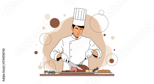 Chef Slicing Roast in Restaurant: Artistic Culinary Illustration Focused on Food Preparation