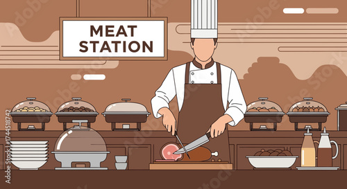 Chef Slicing Roasted Meat at a Meat Station, Serving Delicious Dishes for Dinner Buffets