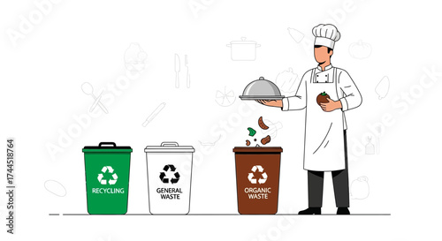Chef Sorting Food Waste into Compost Bin with Recycling and General Waste Options Available