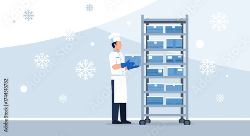 Chef Storing Food Boxes in a Chilled Storage, Winter and Cold Environment