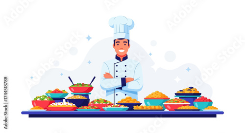 Chef Stands Proudly In Front Of Array of Varied, Delicious, Colorful Culinary Dishes