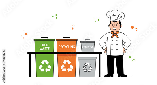 Chef standing next to bins for food waste, recycling, and compost, sustainability