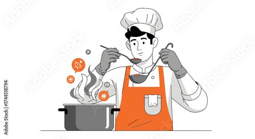 Chef tasting a dish and cooking in restaurant kitchen with modern flat line art